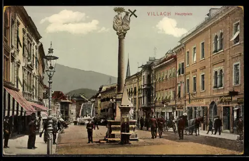 AK Villach, Hauptplatz mit Denkmal und Geschäften