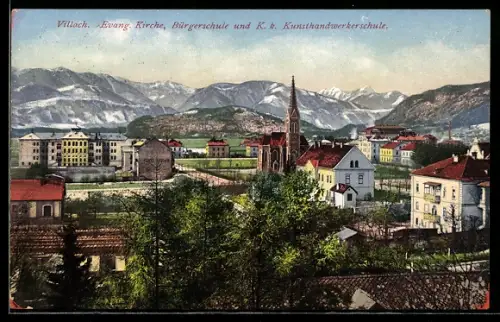 AK Villach, Evangelische Kirche, Bürgerschule und Kunsthandwerkerschule