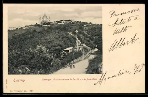 AK Torino, Superga, Panorama con la Basilica e la funicolare, Bergbahn