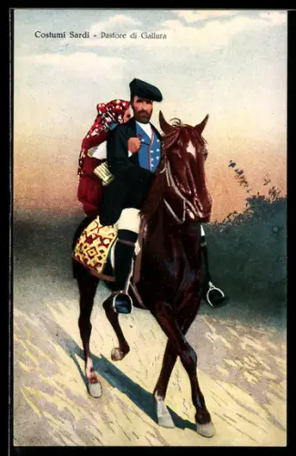 AK Gallura, Costumi Sardi, Pastore di Gallura a cavallo su strada sterrata al tramonto