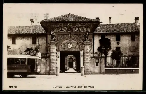 AK Pavia, Entrata alla Certosa, Strassenbahn