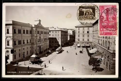 AK Savona, Piazza Giulio II., Strassenbahn