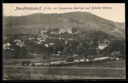 AK Perchtoldsdorf /N.-Oe., Bahnhof Rodaun und Sanatorium Gorlitzer