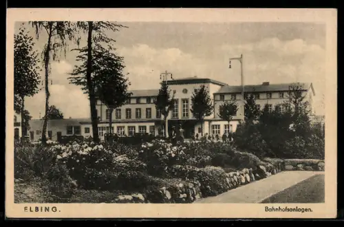 AK Elbing, Bahnhofsanlagen mit Gartenpartie