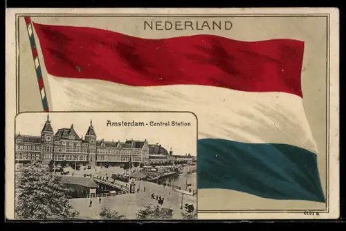 AK Amsterdam, Central Station, Bahnhof, Niederländische Fahne