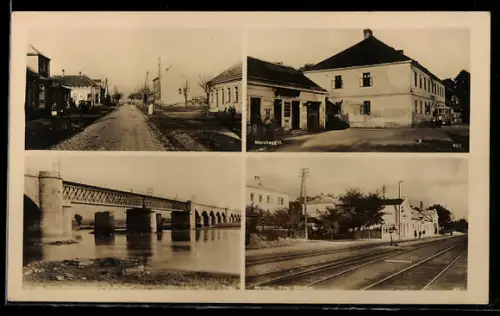AK Marchegg, Ansicht vom Bahnhof, Brücke, Strassenpartie mit Wohnhäusern