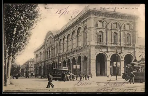 AK Torino, Stazione Porta Nuova con tram e passanti, Strassenbahn
