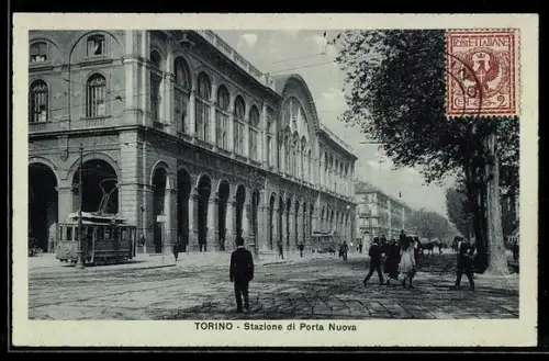 AK Torino, Stazione di Porta Nuova con tram, Strassenbahn