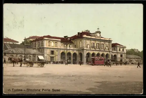 AK Torino, Stazione Porta Susa con tram e carrozza a cavalli, Strassenbahn