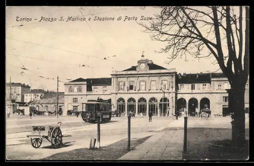AK Torino, Piazza S. Martino e Stazione di Porta Susa con tram
