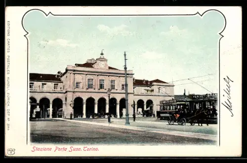 AK Torino, Stazione Porta Susa con tram storico, Strassenbahn