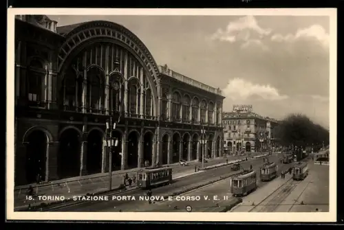 AK Torino, Stazione Porta Nuova e Corso V. E. II con tram, Strassenbahn