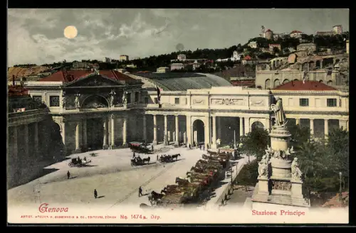 AK Genova, Stazione Principe con carrozze e statua nella piazza