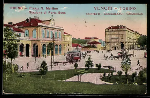 AK Torino, Piazza S. Martino con Stazione di Porta Susa e tram, Strassenbahn