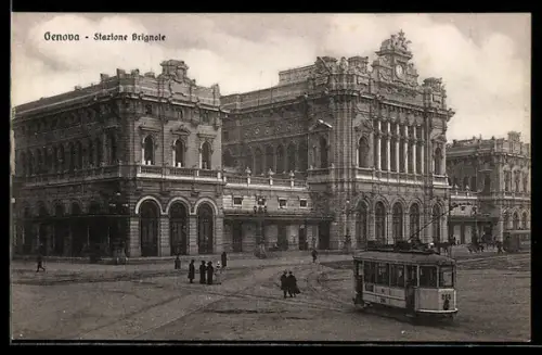 AK Genova, Stazione Brignole con tram in transito, Strassenbahn