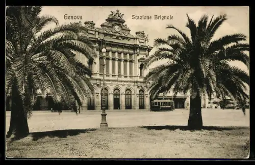 AK Genova, Stazione Brignole con palme e tram sullo sfondo, Strassenbahn