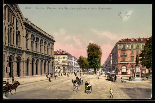 AK Torino, Piazza della Stazione e Corso Vittorio Emanuele, Strassenbahn