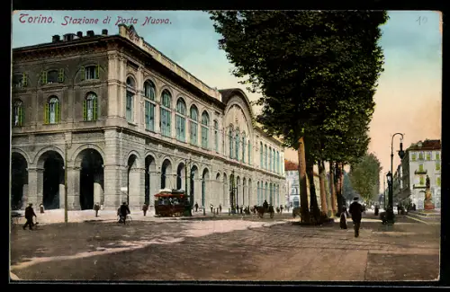AK Torino, Stazione di Porta Nuova con tram e alberi lungo la strada, Strassenbahn