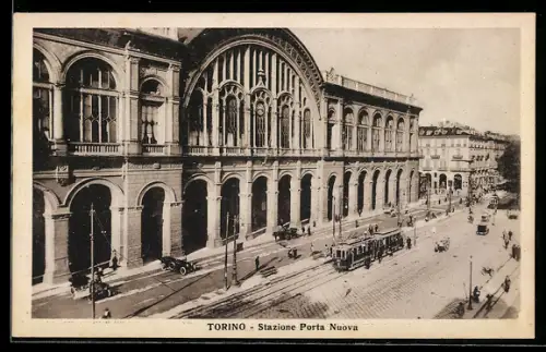 AK Torino, Stazione Porta Nuova con tram in transito, Strassenbahn