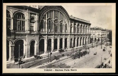 AK Torino, Stazione Porta Nuova con tram storici, Strassenbahn