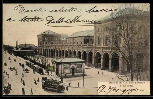 AK Torino, Stazione di P. N. lato partenze e Via Nizza, Strassenbahn