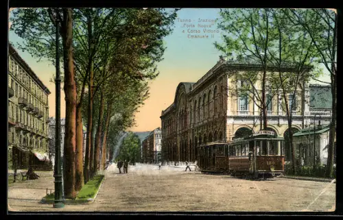 AK Torino, Stazione Porta Nuova e Corso Vittorio Emanuele II, Strassenbahn