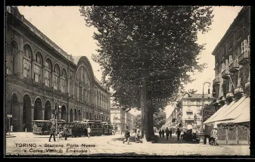 AK Torino, Stazione Porta Nuova e Corso Vittorio Emanuele, Strassenbahn