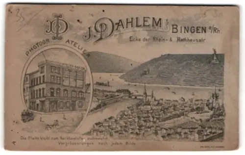 Fotografie Ansicht Bingen a. Rh., Atelier-Dahlem, Totalansicht mit Rhein und Denkmal