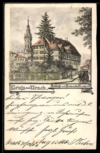 Lithographie Urach, Blick auf Schloss und Amanduskirche
