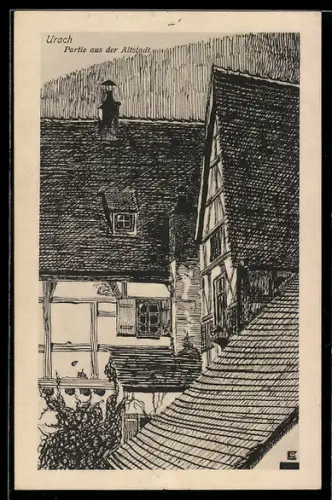 Künstler-AK Urach, Fachwerkhäuser