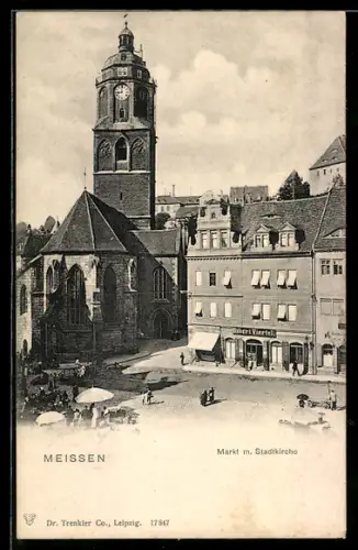 AK Meissen, Markt mit Stadtkirche und Passanten