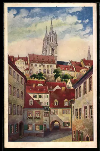 Künstler-AK Alt-Meissen, Blick vom Baderberg auf den Dom