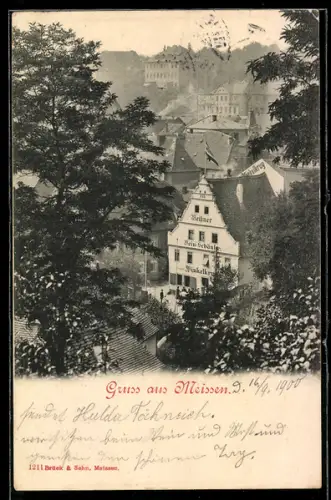AK Meissen, Strassenpartie mit Gasthaus Winkelkrug