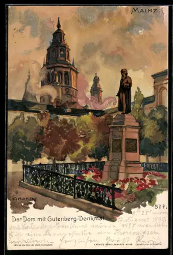 Künstler-AK C. Pfaff: Mainz, der Dom mit dem Gutenberg - Denkmal
