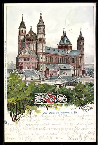 Künstler-AK K.Fuchs: Worms, Der Dom, Wappen