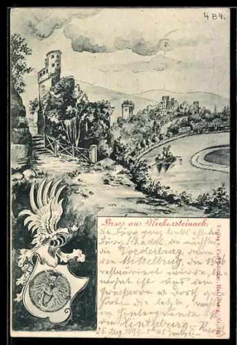 Lithographie Neckarsteinach, Uferpartie mit Turm, Wappen
