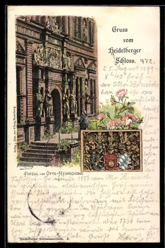 Lithographie Heidelberg, Schloss, Portal vom Otto-Heinrichsbau, mit Wappen