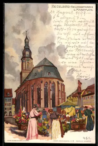 Künstler-AK C. Pfaff: Heidelberg, Heiligengeistkirche & Marktplatz