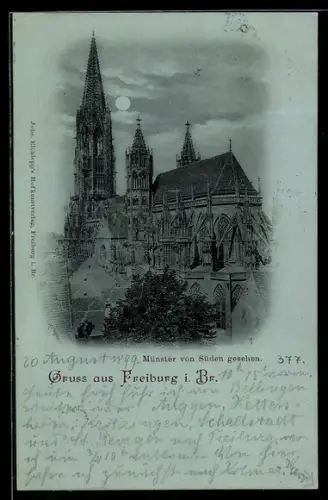 Mondschein-AK Freiburg i. Br., Münster von Süden gesehen