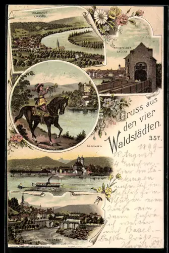 Lithographie Bad Säckingen, Ortsansicht mit Dampfer, Laufenburg, Rheinfeldern