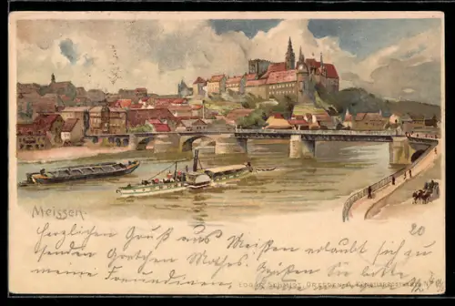 Lithographie Meissen, Teilansicht mit Brücke