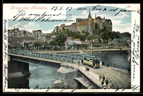 AK Meissen, Blick von der Elbbrücke mit Strassenbahn zur Albrechtsburg
