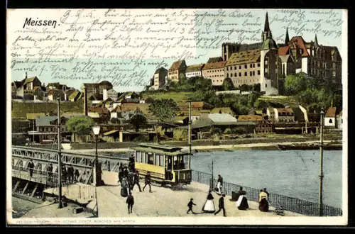 AK Meissen, Stadtansicht mit Schloss und Strassenbahn