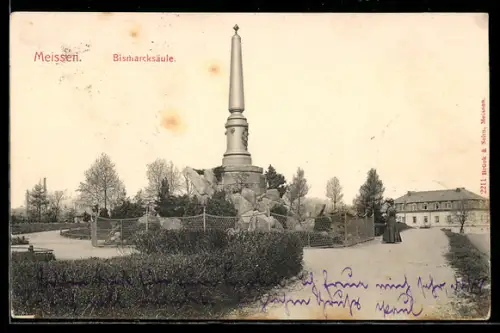 AK Meissen, Bismarcksäule mit Anlage, Panorama