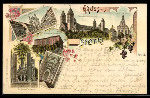 Lithographie Speyer, Dom u. Maximilianstrasse, Museum m. Realschule