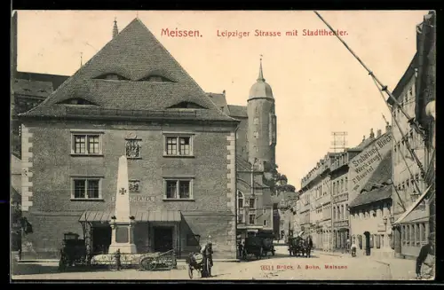 AK Meissen, Leipziger Strasse mit Stadttheater u. Obelisk