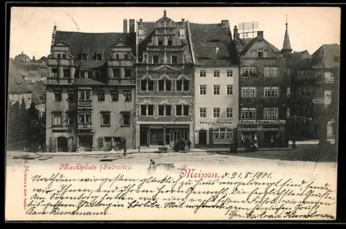 AK Meissen, Marktplatz Südseite, Häuserreihe mit Bäckerei-Weinstube Claus
