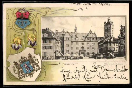 Passepartout-Lithographie Darmstadt, Markt mit Rathaus, Marktstände, Wappen