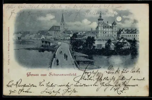 Mondschein-AK Schwarzenfeld, Brücke, Kirche, Schloss, Ortspanorama