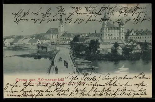 Mondschein-AK Schwarzenfeld, Alte Brücke, Schloss u. Kirche aus der Vogelschau